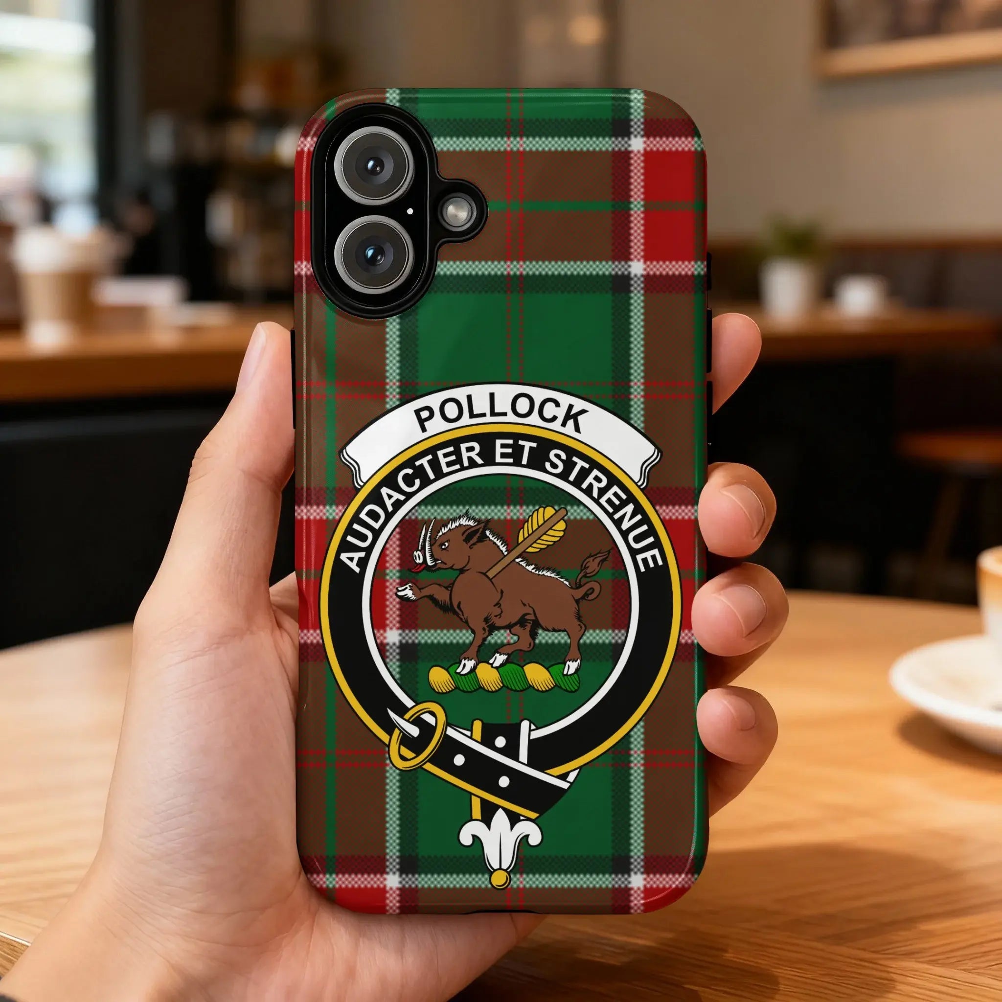 Clan Pollock tartan phone case — full 3D wrap with Audacter et Strenue crest, glossy finish on iPhone