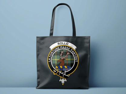 Rollo Scottish Clan Crest Tartan Tote Bags - Celtic Ancestry Gifts
