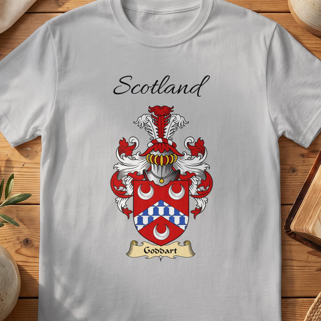 Sport Grey Goddart Scottish family shield T-shirt featuring a blue-and-white chevron between white crescents
