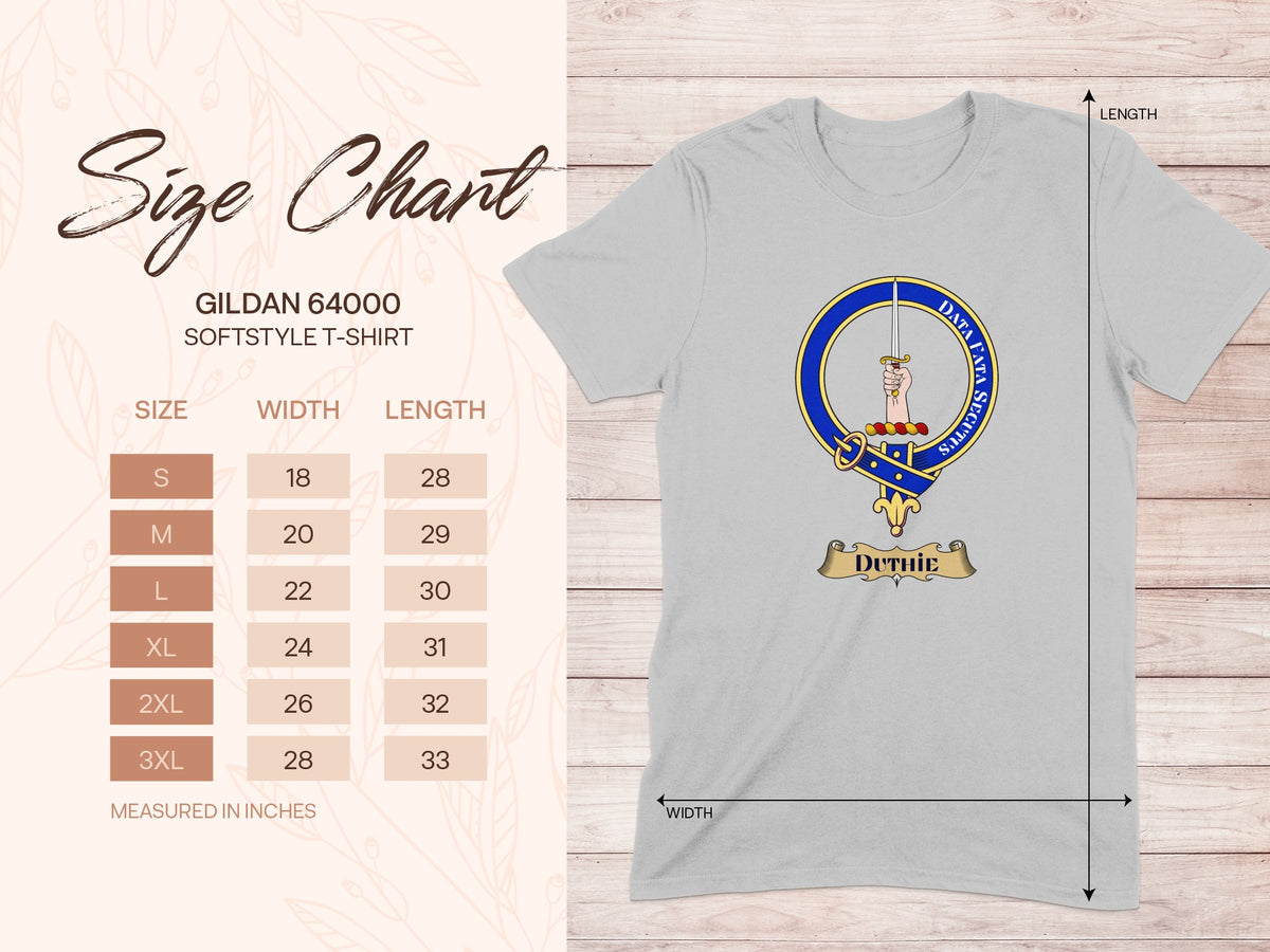 Gildan 64000 size chart for Duthie Scottish clan crest T-shirt