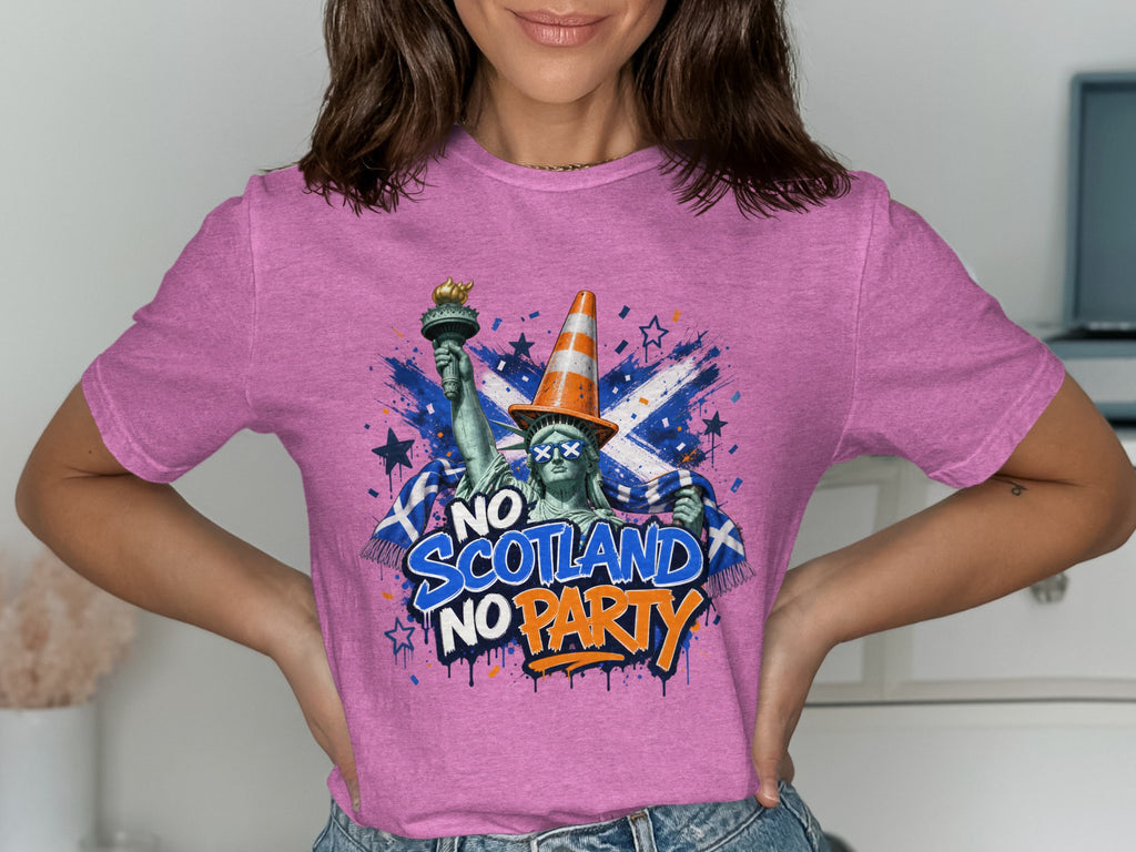 Statue of Liberty wearing traffic cone and Scottish flag on patriotic t-shirt design.