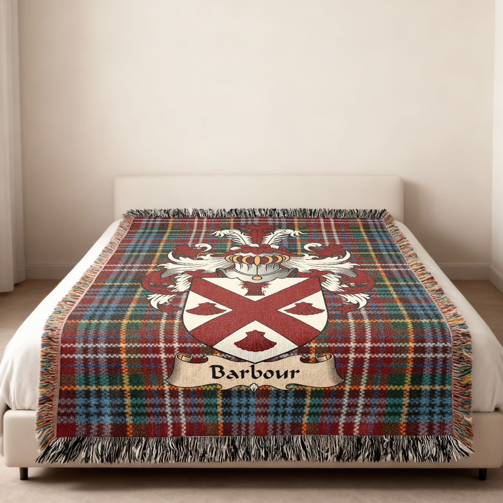 Barbour Caledonia tartan heritage woven throw blanket with family shield