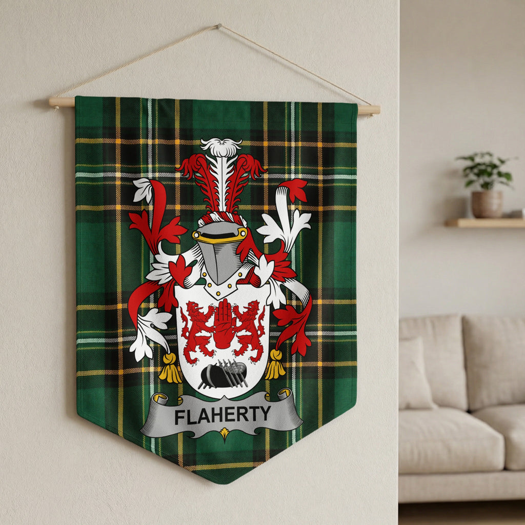 Flaherty coat of arms displayed on a green tartan banner hanging on a wall.
