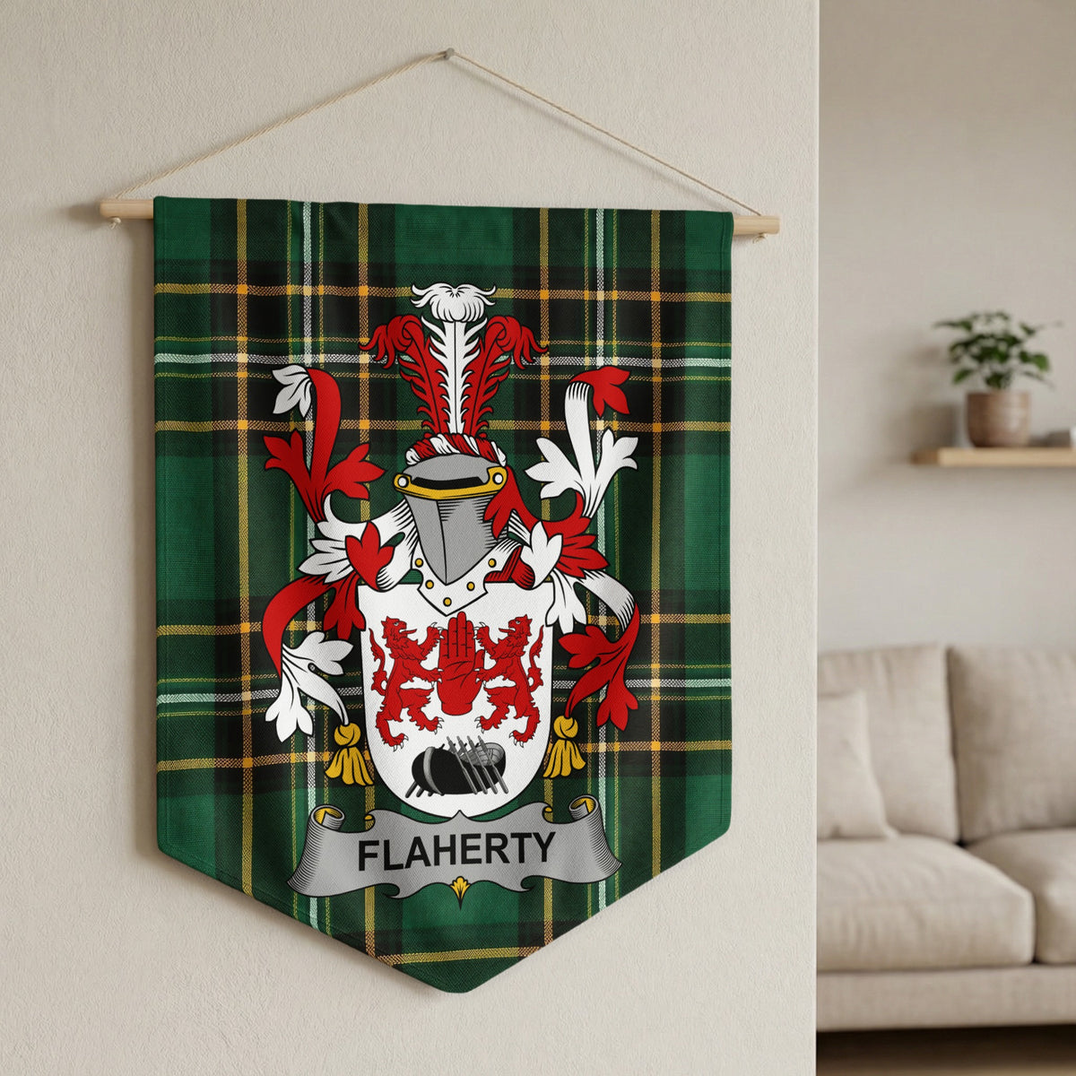 Flaherty coat of arms displayed on a green tartan banner hanging on a wall.