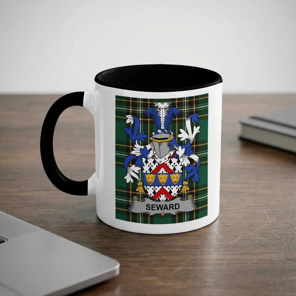 Seward black accent mug with Irish National Tartan and family crest