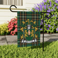 Reilly Irish family crest garden flag on Irish National Tartan, garden view
