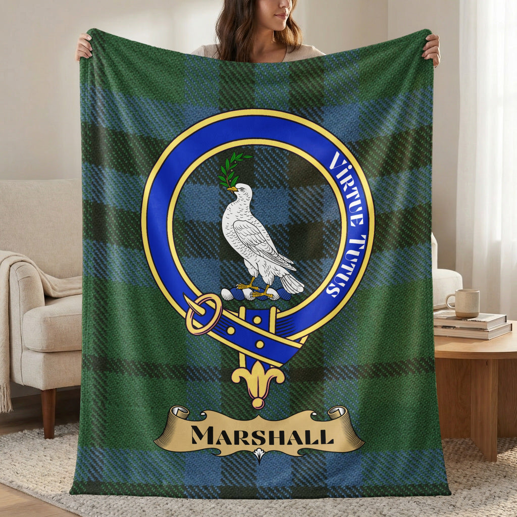 Marshall clan crest tartan throw blanket with motto — 50x60 polyester