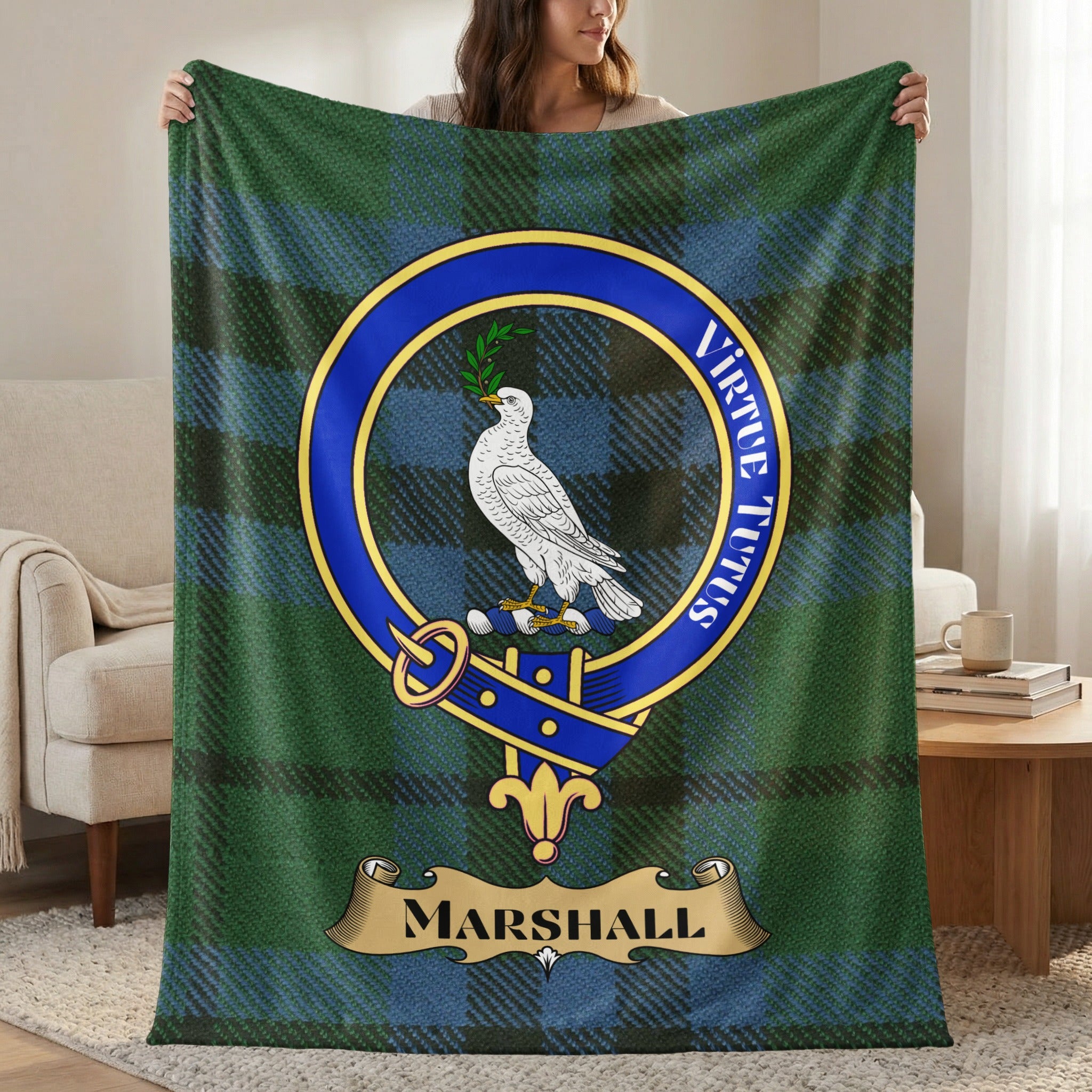 Marshall clan crest tartan throw blanket with motto — 50x60 polyester