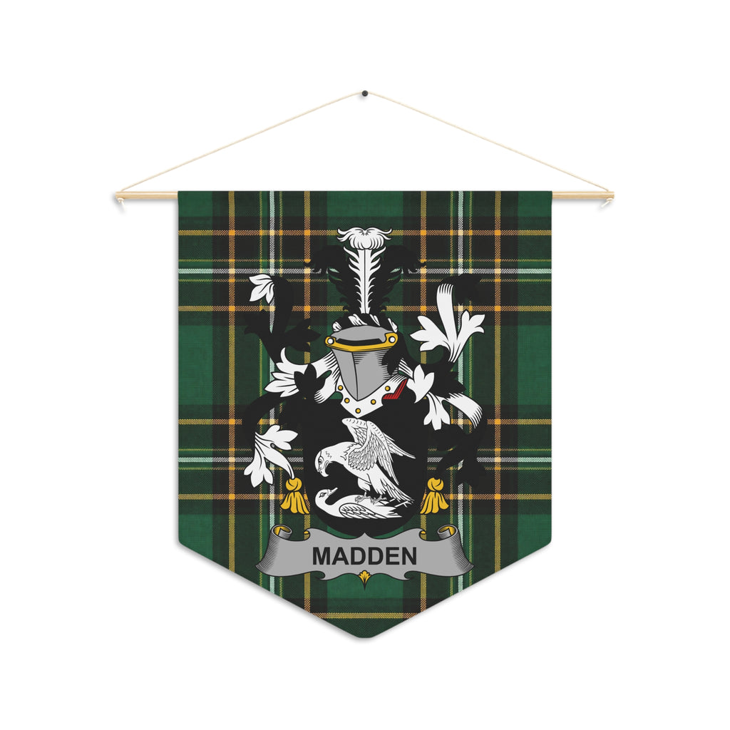 Pennant with Madden crest on green tartan pattern and wooden dowel.