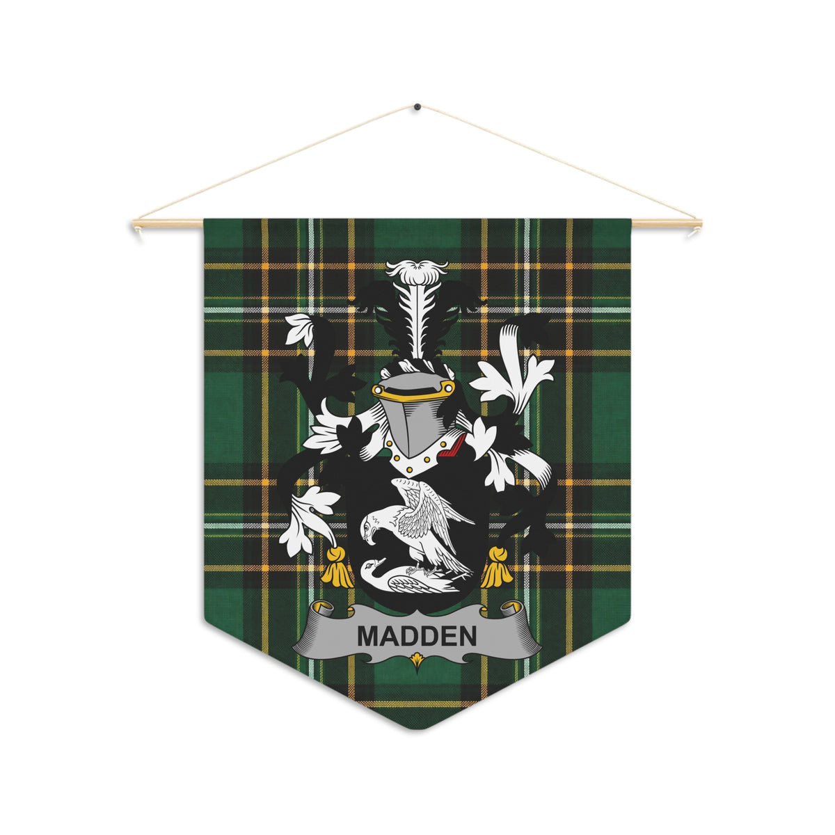 Pennant with Madden crest on green tartan pattern and wooden dowel.