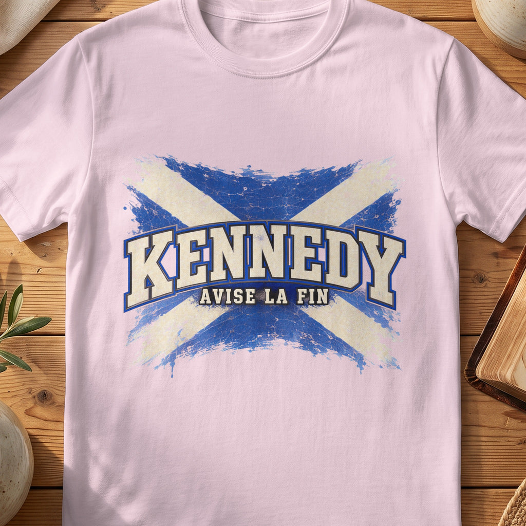 Kennedy Scottish Saltire T-shirt in Light Pink, with distressed blue and cream flag and “Avise La Fin” lettering.