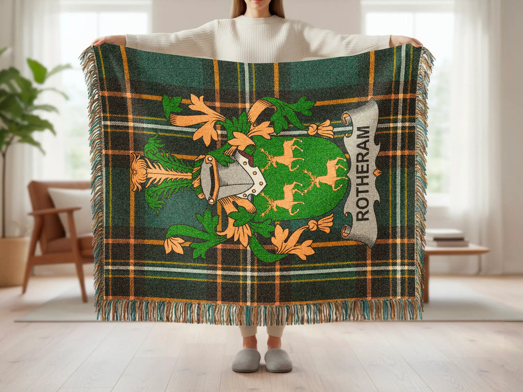 Tartan blanket with crest, deer, and "ROTHERHAM" text.