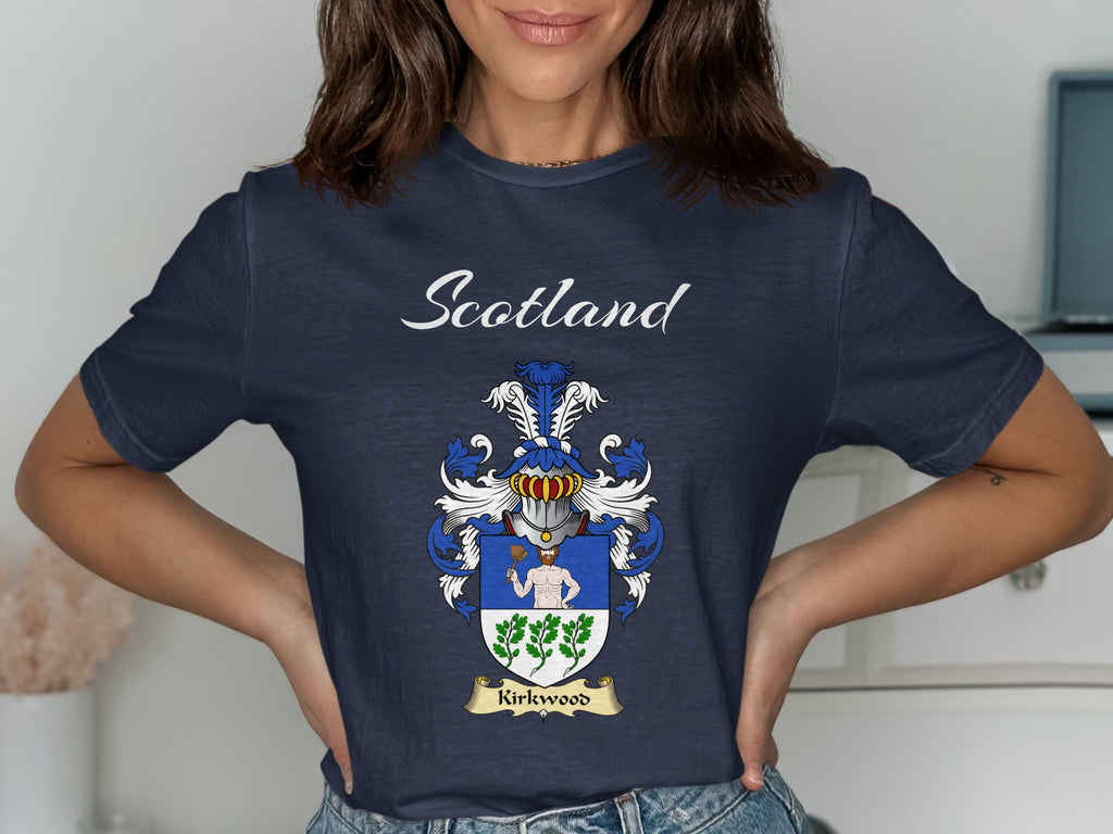 Kirkwood Scottish family shield design on Navy T-shirt
