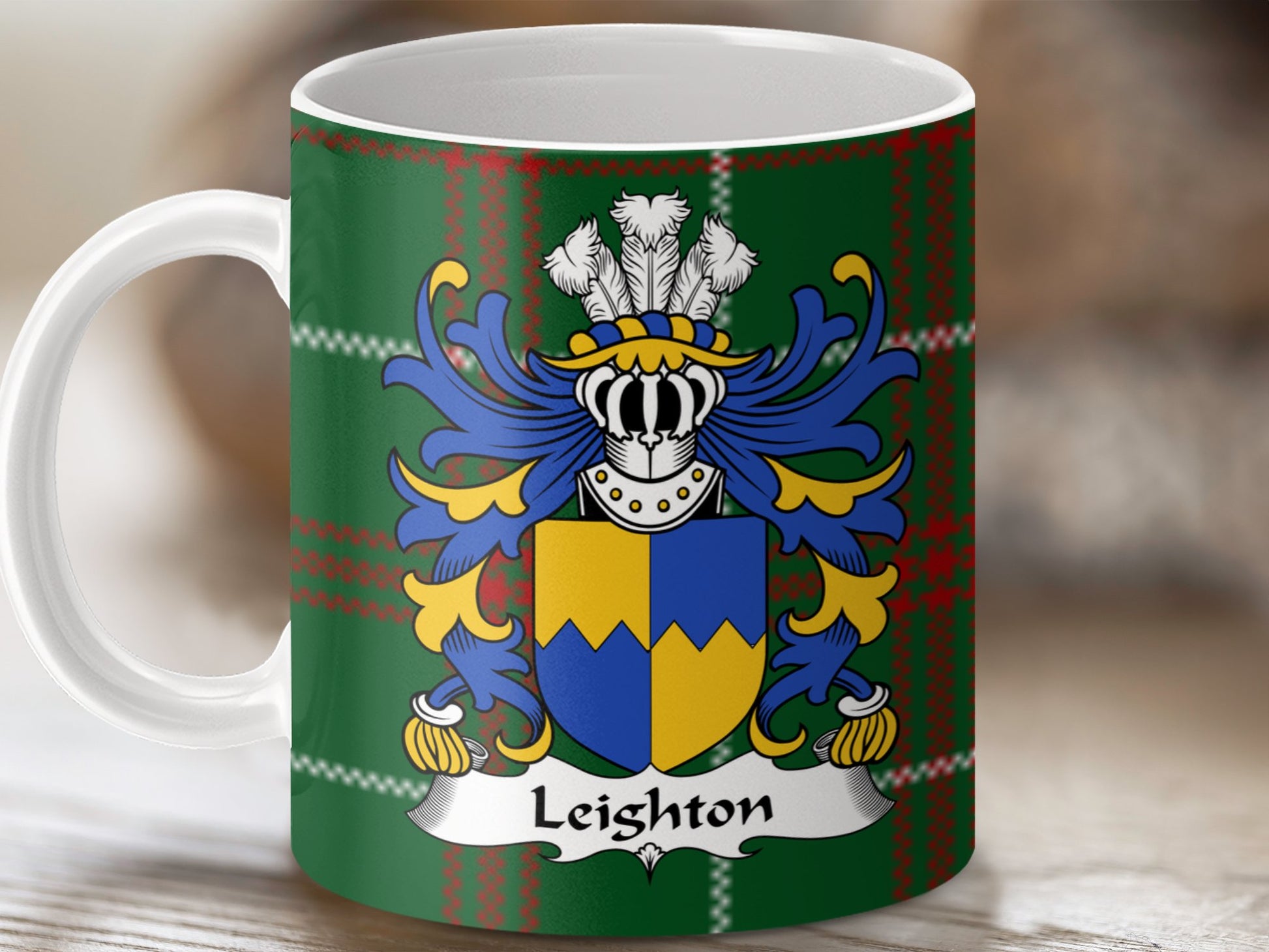 Leighton Coat of Arms on Welsh Tartan Background Mug - Living Stone Gifts