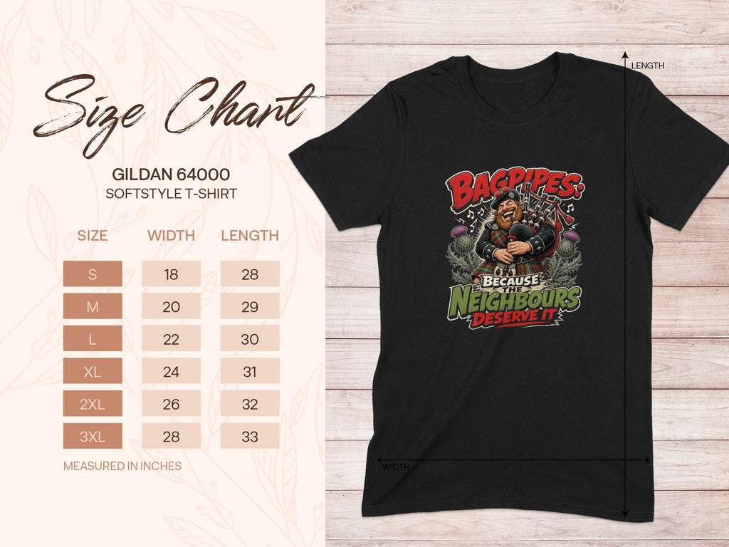 Black t-shirt with a graphic of a bagpiper and a Gildan 64000 size chart.