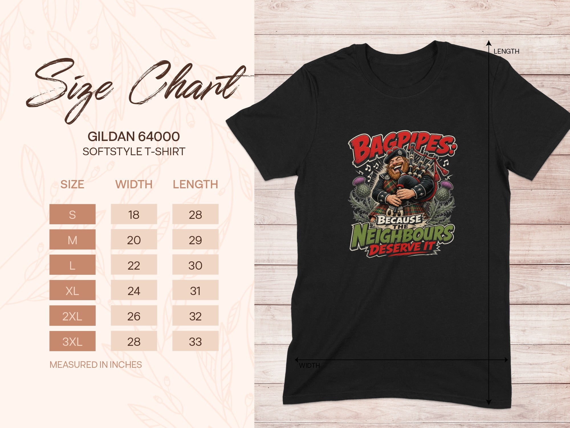 Black t-shirt with a graphic of a bagpiper and a Gildan 64000 size chart.