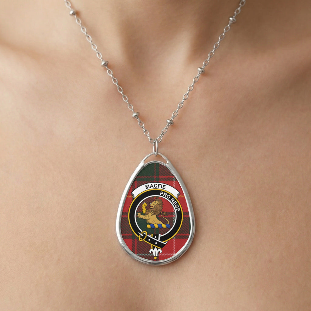 Oval pendant necklace with Macfie clan tartan and shield featuring a lion.