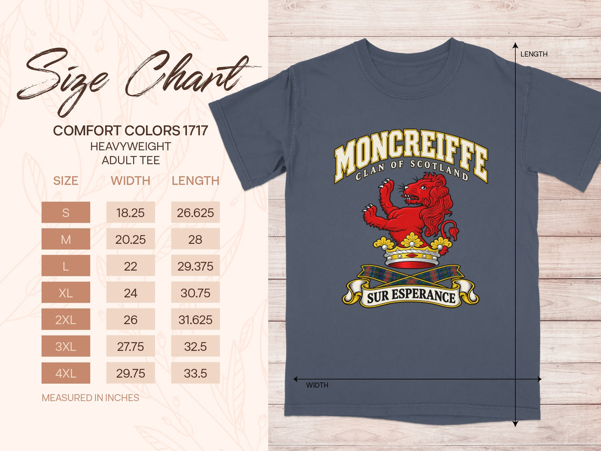 Comfort Colors 1717 size chart for the Moncreiffe Scottish clan T-shirt, adult sizes S–4XL.