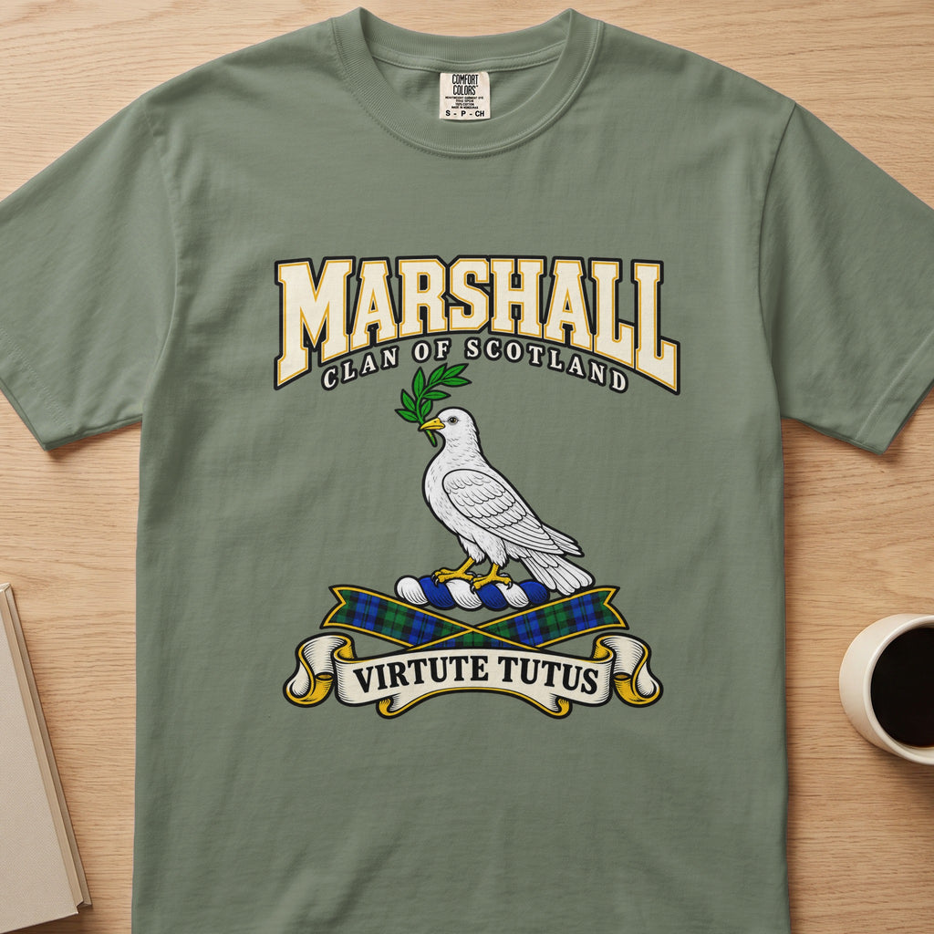 Marshall clan T-shirt in sage green, front view with white bird holding a green sprig