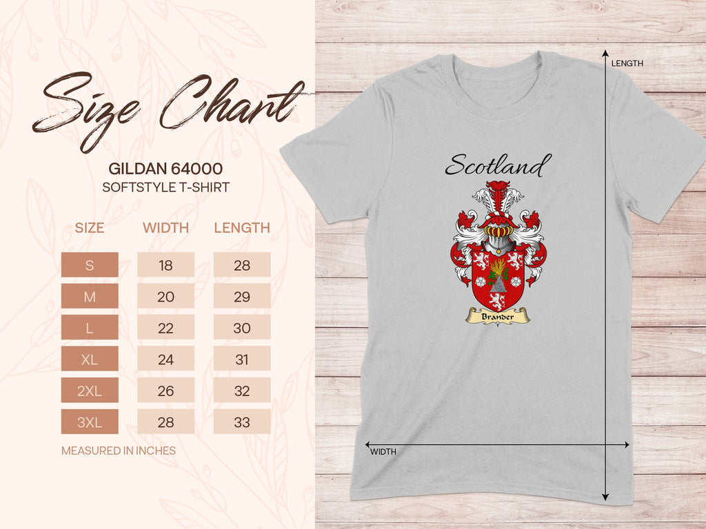 Gildan 64000 size chart for the Brander unisex T-shirt, sizes S to 3XL