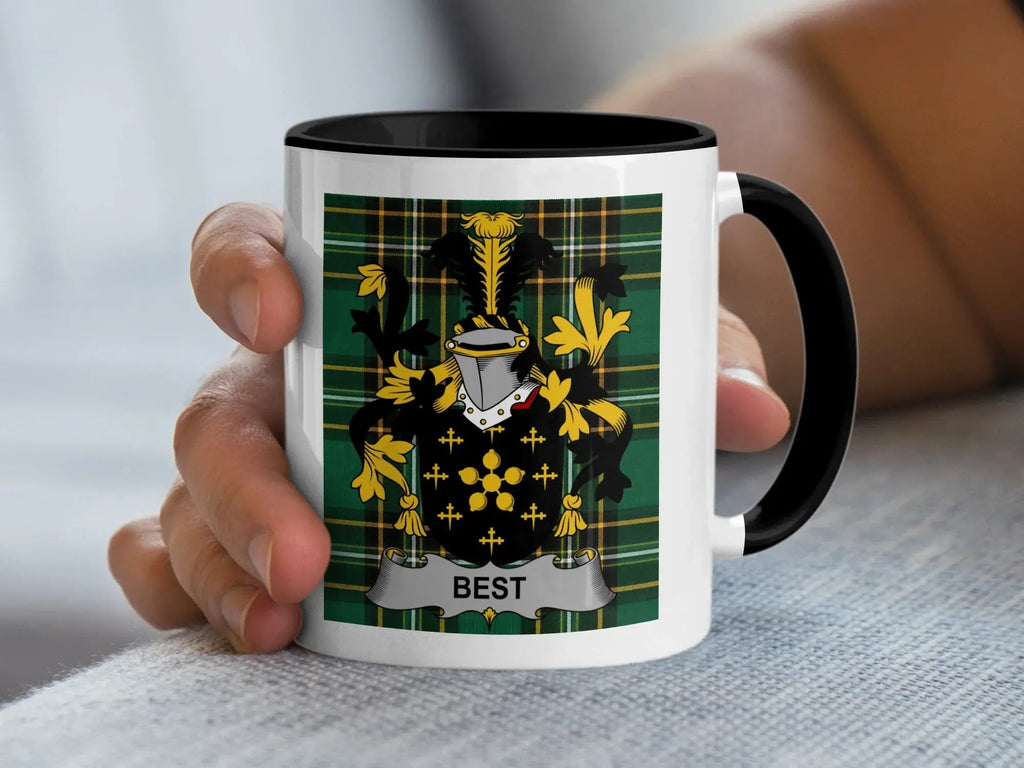 Best Irish family crest accent mug with black handle on Irish National Tartan