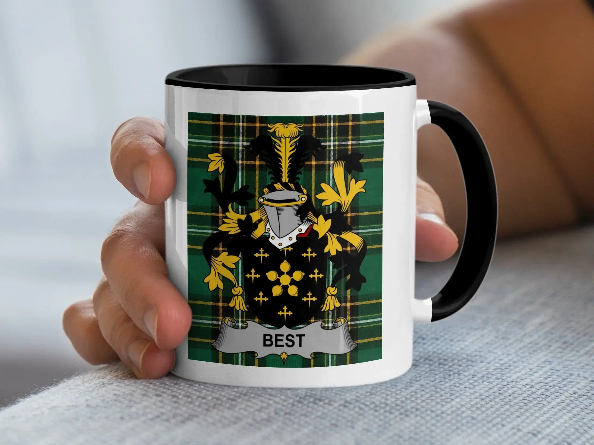 Best Irish family crest accent mug with black handle on Irish National Tartan