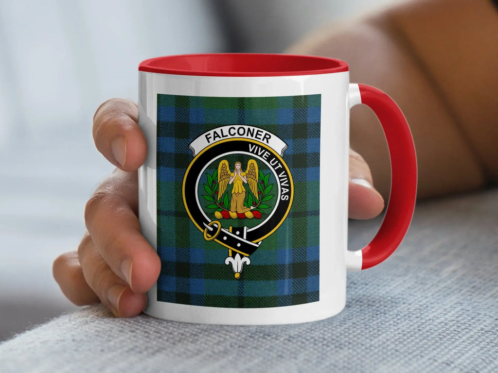 Clan Falconer 15oz accent mug — navy handle, Vive Ut Vivas motto visible in print