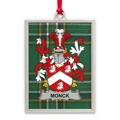 Monck Family Crest on Tartan Background Ornament product