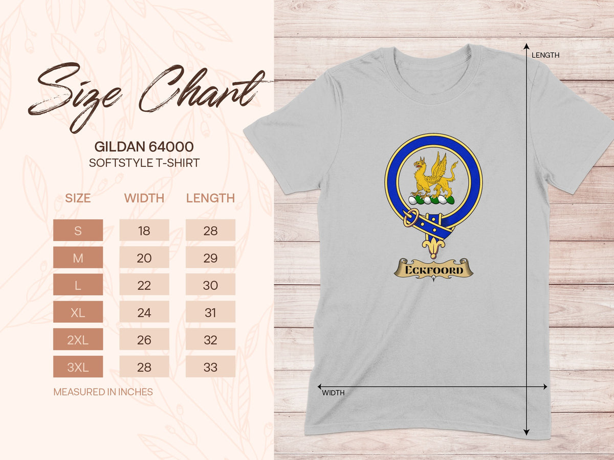 Gildan 64000 size chart for Eckfoord Scottish clan crest T-shirt