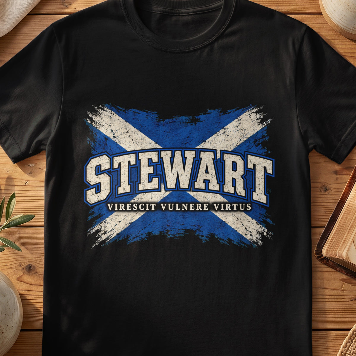 Stewart Scottish Saltire T-shirt in Black, with distressed blue and cream flag and “Virescit Vulnere Virtus” lettering.