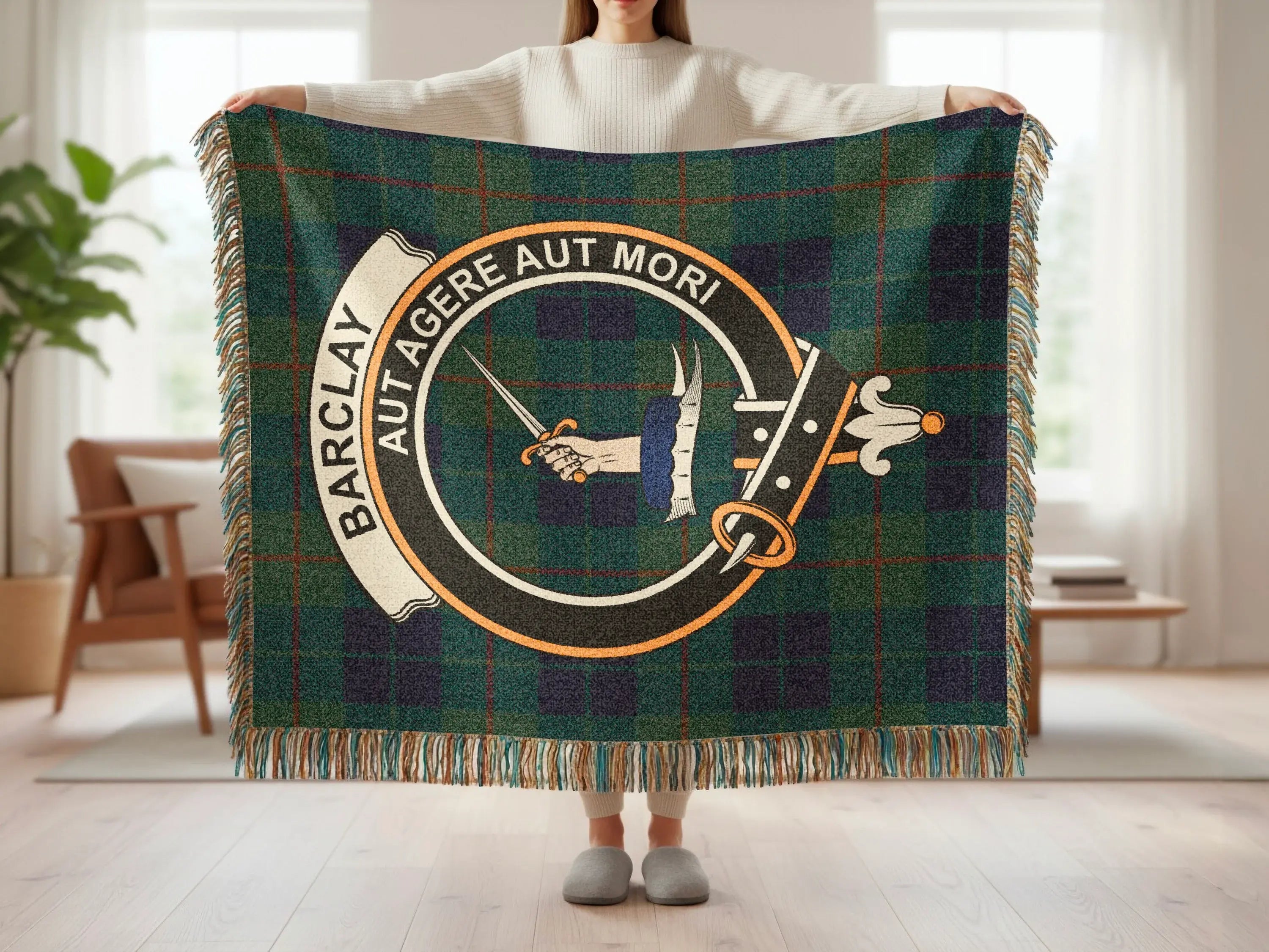 Barclay tartan woven blanket draped — 100% cotton, clan crest design woven through fabric