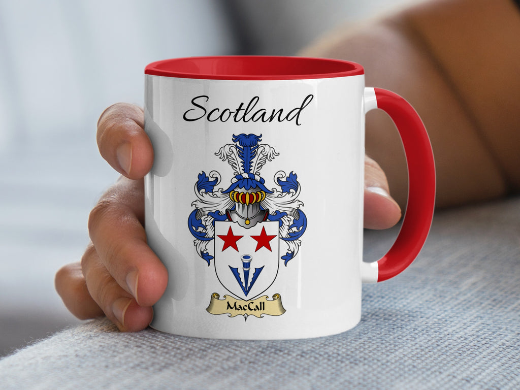 MacCall Scotland family shield accent mug with red handle and interior, shown in the 11 oz size