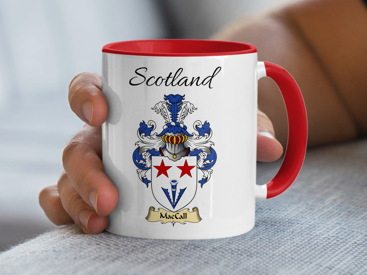 MacCall Scotland family shield accent mug with red handle and interior, shown in the 11 oz size