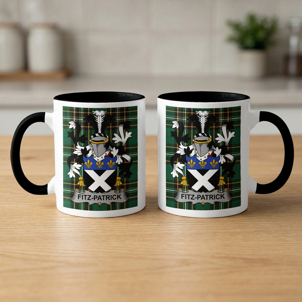 Fitz-Patrick Irish surname mugs front and back — family crest, black handles and rims
