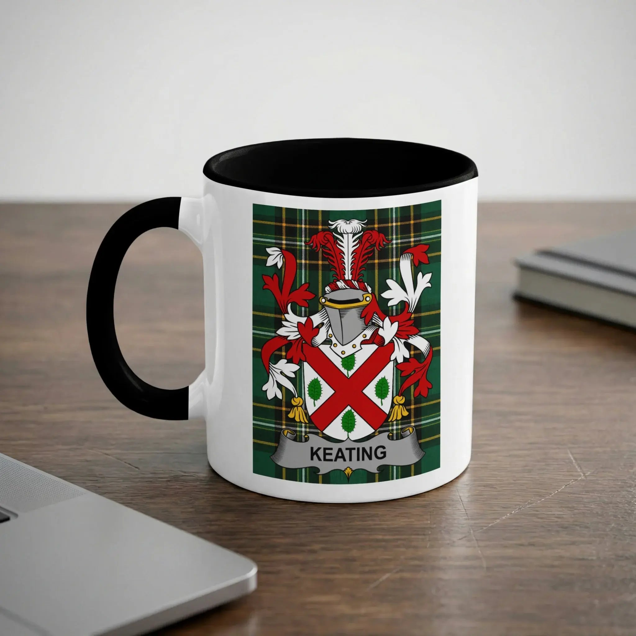 Keating Irish heritage mug with black handle and family crest