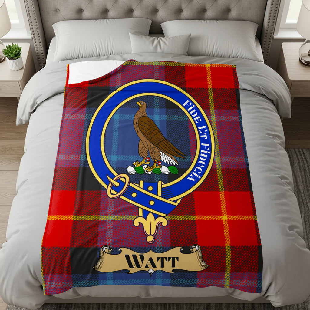 Watt clan crest with rising eagle on tartan throw blanket
