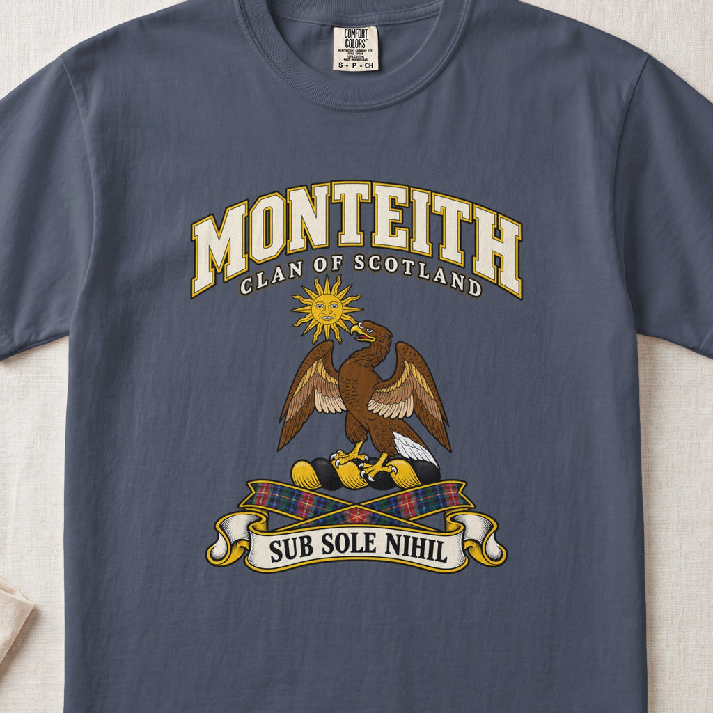 Monteith Scottish clan T-shirt in Midnight, front view with an eagle beneath a golden sun and motto design.