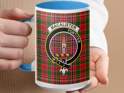 Clan MacAlister Fortiter Crest Plaid Tartan Design Mug - Living Stone Gifts