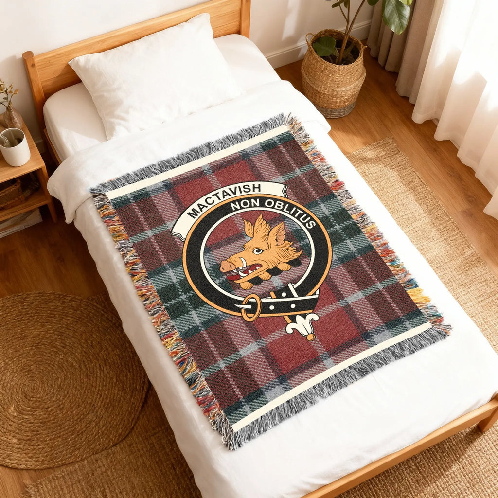 MacTavish Non Oblitus clan crest woven blanket — boar emblem in cotton weave with tartan colours