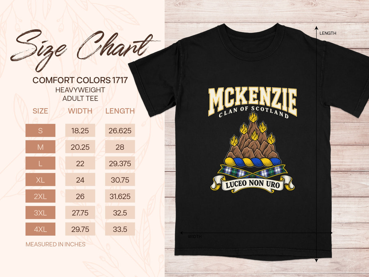 Comfort Colors 1717 size chart with shirt width and length in inches for sizes S to 4XL, beside the McKenzie design.