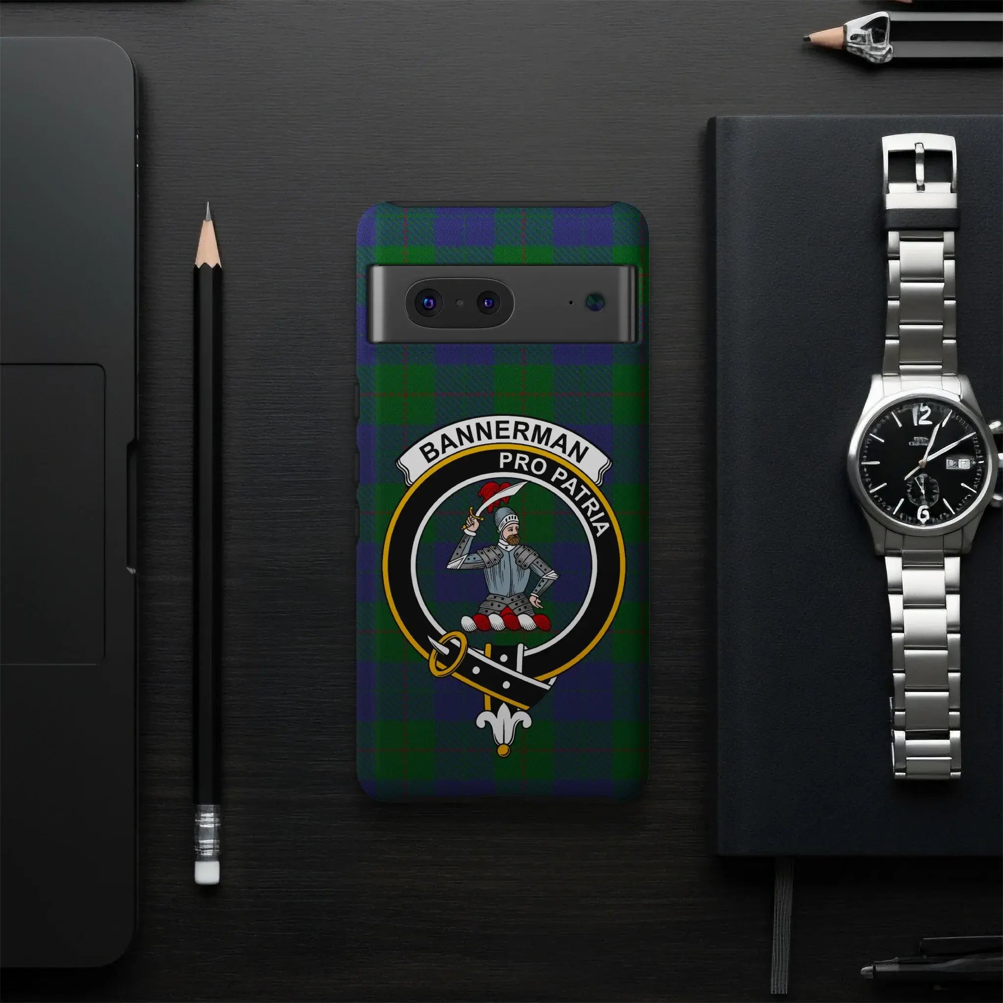 Bannerman pro patria clan crest phone case — Google Pixel shown, full wrap print