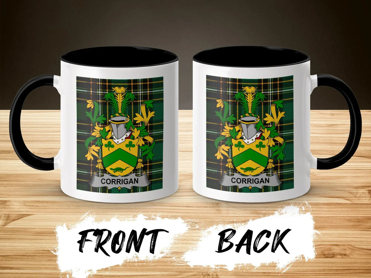 Corrigan family crest accent mug shown from front and back with black interior.