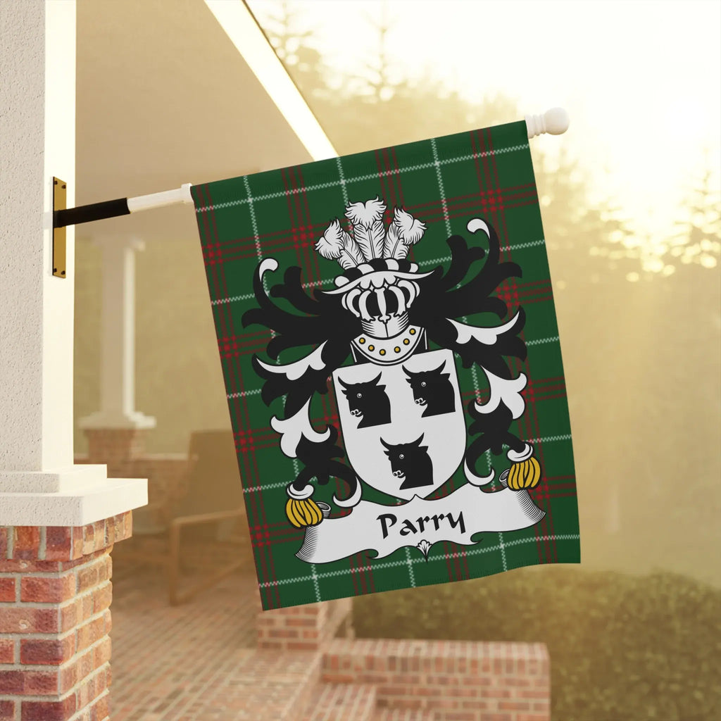 Green tartan flag with the Parry family crest and name.