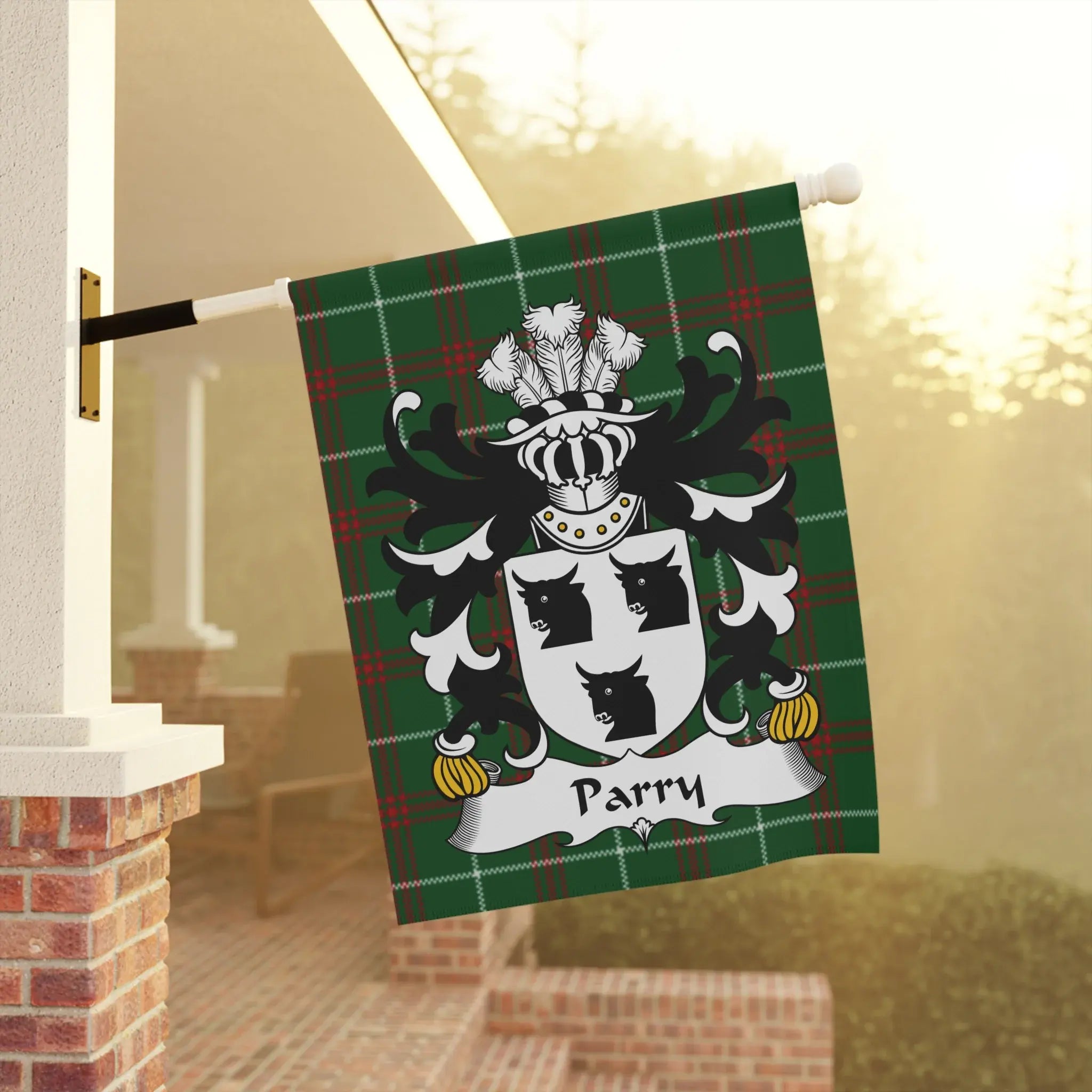Green tartan flag with the Parry family crest and name.