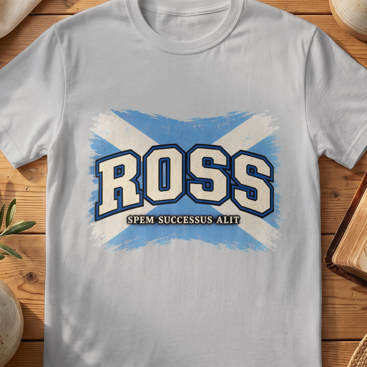 Ross Scottish Saltire T-shirt in Sport Grey, with distressed blue and cream flag and “Spem Successus Alit” lettering.