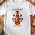 White Fordyce Scottish family shield T-shirt featuring gold animal heads on a red shield