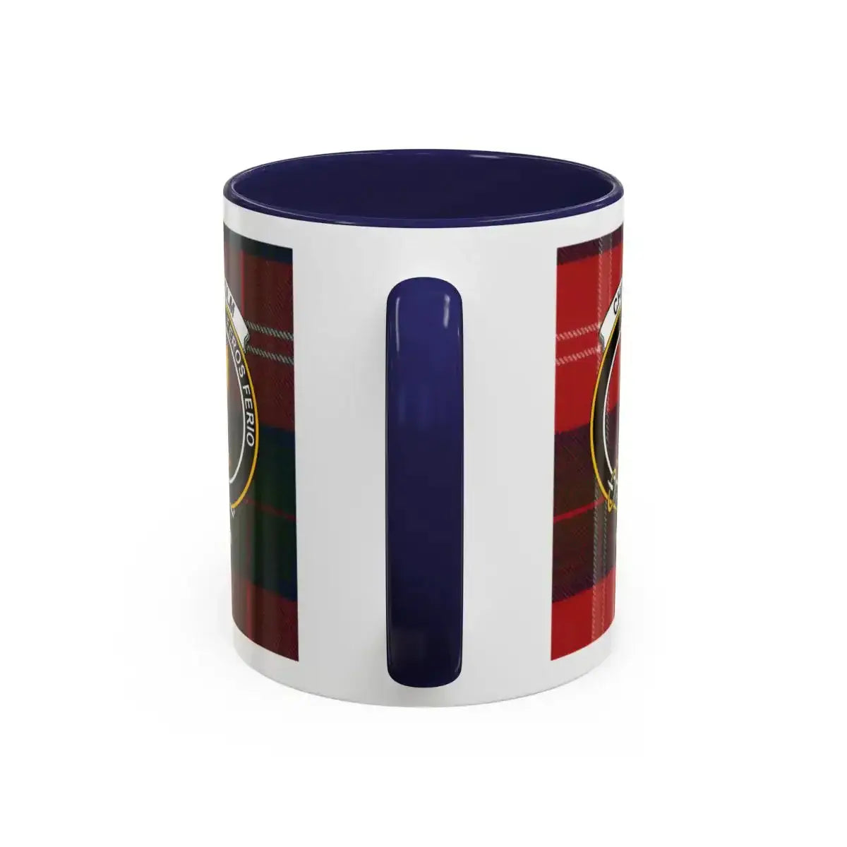 Chisholm clan tartan 15oz accent mug — navy handle and interior, full crest on white ceramic