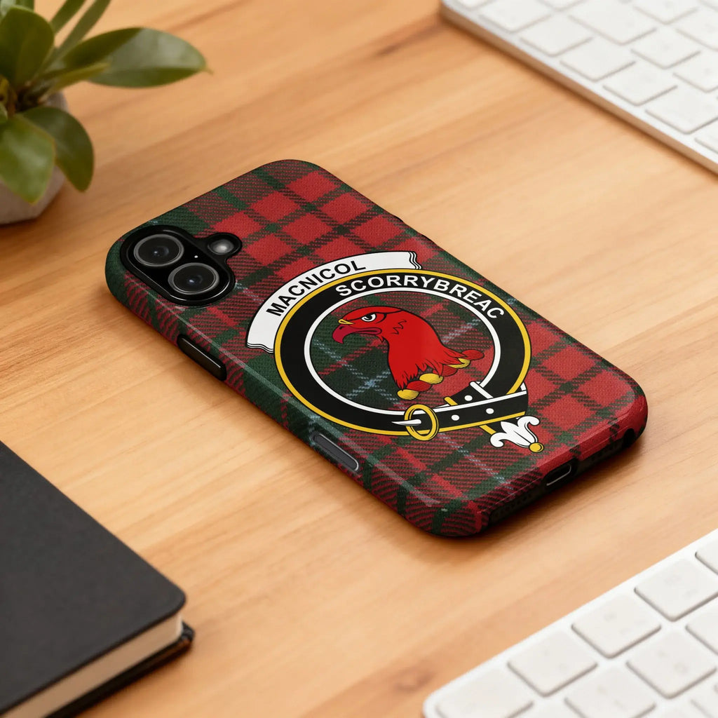 MacNicol Scorrybreac clan tartan iPhone case — edge-to-edge red and black tartan crest print