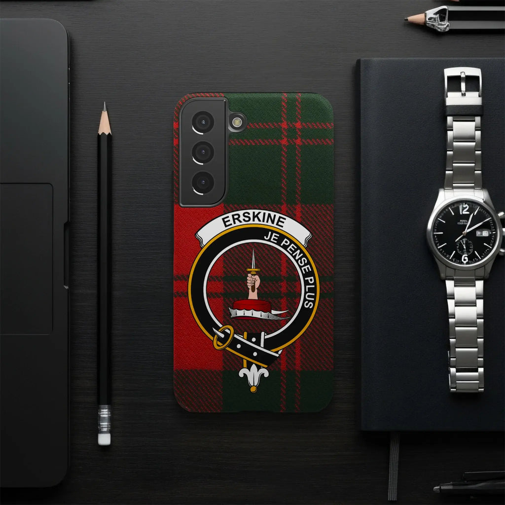 Erskine Scottish clan crest phone case — full edge-to-edge tartan wrap, Samsung model
