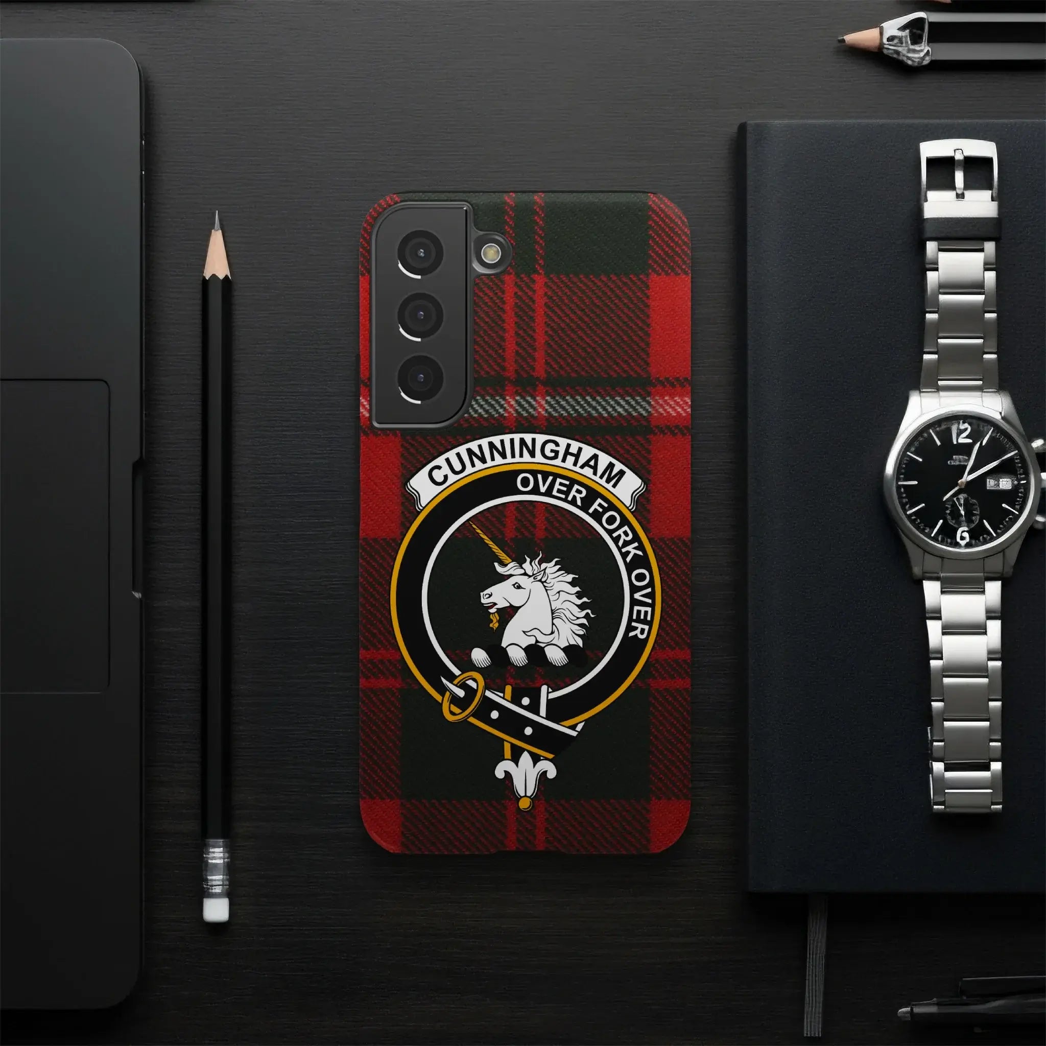 Cunningham Over Fork Over plaid phone case — full heraldic wrap on glossy impact-resistant shell